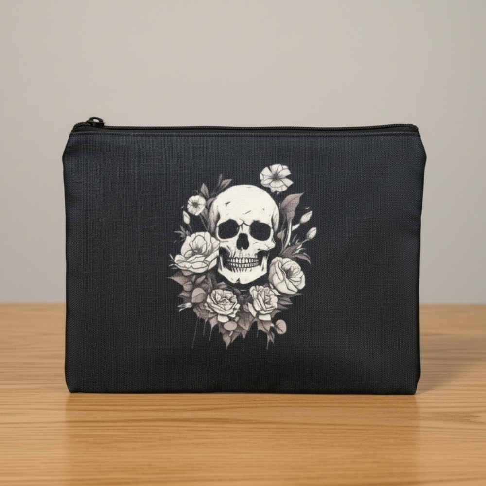 NWT Whimsical Cosmetic Bag With A Flowering Skull Design  (0050)